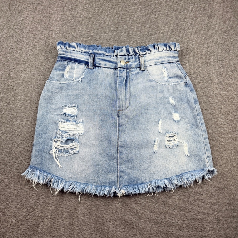 Hayden Los Angeles L Large Distressed Denim Mini Skirt Light Wash Paperbag Waist